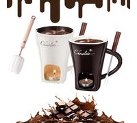 Chocolate Fondue Mug, Meltie Cup, Mini Ceramic Chocolate Melting Cup with Forks, Brush and Candle for Chocolates Cheese Desserts, Date Night Birthday Wedding Gifts (2PCS B)