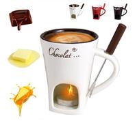 Chocolate Fondue Mug & Melting Cup with Forks, Ceramic Melting Pot for Cheese, Butter, Candy - Personal Melting Love Cup Warmer Heated by Tealight Candle for Parties, Snacks