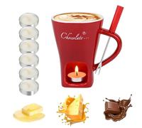 Chocolate Fondue Mug Set - Ceramic Chocolate Melting Cup with Forks & 6Pcs Candles, Mini Cheese & Butter Warmer Pot for Hot Chocolate, Desserts, Date Night, Birthday & Wedding Gifts (Red) (C)