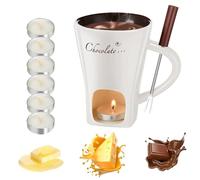 Chocolate Fondue Mug Set - Ceramic Chocolate Melting Cup with Forks & 6Pcs Candles, Mini Cheese & Butter Warmer Pot for Hot Chocolate, Desserts, Date Night, Birthday & Wedding Gifts (White) (D)
