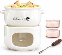 Chocolate Fondue Mug Set Ceramic Mini Melting Pot with 2 Tealights White | 200ml, Candle Heated Base, Sweet Warmer Cup with Fork for Cheese Butter Marshmallows and Christmas Dessert