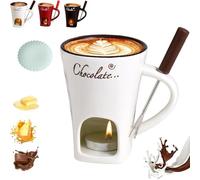 Chocolate Fondue Mug Set, Mini Ceramic Cheese Melting Cup with Fork, Handcrafted Tea Light Heating Butter Warmer, for Cheese Chocolates Butter White no Candle