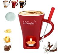 Chocolate Fondue Mug Set, Mini Ceramic Cheese Melting Cup with Fork, Handcrafted Tea Light Heating Butter Warmer, for Cheese Chocolates Butter red no Candle