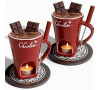 Chocolate Fondue Mug Set of 2,Chocolate Melting Cup Tea Light,Fondue Mug Chocolates Melting Cup Cookware Candy Hot Pot,Ceramic Chocolates Meltings Mugs with Fork ＆ Coasters (2 Red)