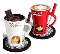 Chocolate Fondue Mug Set of 2,Chocolate Melting Cup Tea Light,Fondue Mug Chocolates Melting Cup Cookware Candy Hot Pot,Ceramic Chocolates Meltings Mugs with Fork ＆ Coasters (W+R)