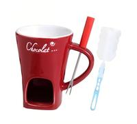 Chocolate Fondue Mug Set with Fork & Cleaning Brush - Ceramic Chocolate Melting Cup for Cheese,Butter,Tea,Safe for Desk,Office,Home Use - Valentine's Day Gifts for Him Her,Date Night Birthday Gifts