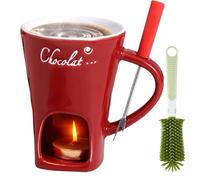 Chocolate Fondue Mug Set with Forks, Ceramic Personal Melting Cup for Cheese & Chocolate, Mini Fondue Pot with Tealight Candle, Perfect for Date Night & Gifts (Red)