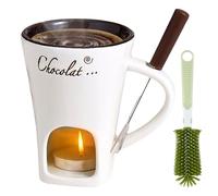 Chocolate Fondue Mug Set with Forks, Ceramic Personal Melting Cup for Cheese & Chocolate, Mini Fondue Pot with Tealight Candle, Perfect for Date Night & Gifts (White)