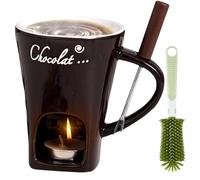 Chocolate Fondue Mug Set with Forks, Ceramic Personal Melting Cup for Cheese & Chocolate, Mini Fondue Pot with Tealight Candle, Perfect for Date Night & Gifts (Coffee)