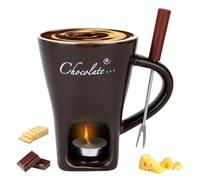 Chocolate Fondue Mug with Fork and Tealights, Sweet Chocolate Melting Cup Ceramic Fondue Pot Set for Cheese Caramel & Candy, Ideal Date Night Birthday Wedding Gifts (Dark Brown)