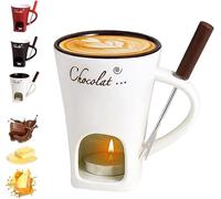 Chocolate Fondue Mug with Fork, Chocolate Fondue Cup, Personal Ceramic Chocolate Melting Cup,Chocolate Melting Mug for Date Night Birthday Wedding Gifts (Beige)