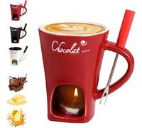 Chocolate Fondue Mug with Forks, Ceramic Butter Warmers Pot Set, Chocolate Melting Cup,Personal Cheese Melting Cup, Fondue Heated with a Tealight, Warmer Mug for Candy Snack Caramel Party (Red)