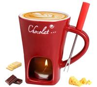 Chocolate Fondue Mug with Forks, Ceramic Chocolate Melting Cup Fondue Set for Candy Caramel Party, Hot Chocolate Mug for Candy Snack Caramel Party (1PCS - Red)