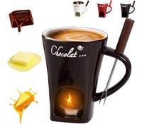 Chocolate Fondue Mug with Forks, Chocolate Fondue Cup, Ceramic Chocolate Melting Cup, Fondue Heated with a Tealight, Warmer Mug for Candy Snack Caramel Party (A - Black)