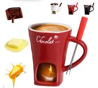 Chocolate Fondue Mug with Forks, Chocolate Fondue Cup, Ceramic Chocolate Melting Cup, Fondue Heated with a Tealight, Warmer Mug for Candy Snack Caramel Party (A - Red)