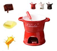 Chocolate Fondue Mug with Forks, Chocolate Fondue Cup, Ceramic Chocolate Melting Cup, Fondue Heated with a Tealight, Warmer Mug for Candy Snack Caramel Party (D - Red)
