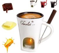 Chocolate Fondue Mug with Forks, Chocolate Fondue Cup, Ceramic Chocolate Melting Cup, Fondue Heated with a Tealight, Warmer Mug for Candy Snack Caramel Party (A - White)