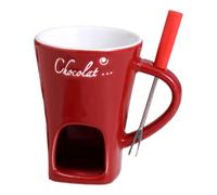 Chocolate Fondue Mug with Forks - Chocolate Melting Cup Ceramic Butter Warmer & Melting Cup Set, Tealight Fondue Pot for Cheese/Chocolate/Snacks Light Candle Fondue Melter Set for Home(Red) (A)
