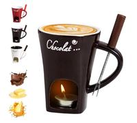 Chocolate Fondue Mug with Forks, Chocolate Melting Cup, Ceramic Butter Warmers Pot Set, Personal Cheese Melting Cup, Fondue Heated with a Tealight, Warmer Mug for Candy Snack Caramel Party (Coffee)