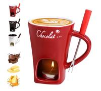 Chocolate Fondue Mug with Forks, Chocolate Melting Cup, Ceramic Butter Warmers Pot Set, Personal Cheese Melting Cup, Fondue Heated with a Tealight, Warmer Mug for Candy Snack Caramel Party (Red)