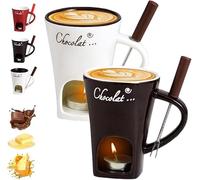 Chocolate Fondue Mug with Forks, Chocolate Melting Cup, Ceramic Butter Warmers Pot Set, Personal Cheese Melting Cup, Fondue Heated with a Tealight, Warmer Mug for Candy Snack Caramel Party (Beige+Cof)