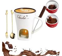 Chocolate Fondue Mug with Forks, Chocolate Melting Cup, Ceramic Butter Warmers Pot Set, Personal Cheese Hot Chocolate Cups, Fondue Heated with a Tealight, Warmer Mug (White)