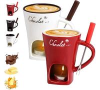Chocolate Fondue Mug with Forks, Chocolate Melting Cup, Ceramic Butter Warmers Pot Set, Personal Cheese Melting Cup, Fondue Heated with a Tealight, Warmer Mug for Candy Snack Caramel Party (Red+Beige)
