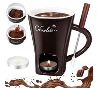 Chocolate Fondue Mug with Forks, Chocolate Melting Cup, Ceramic Butter Warmers Pot Set, Personal Cheese Melting Cup, Fondue Heated with a Tealight, Warmer Mug for Candy Snack Caramel Party (Brown)