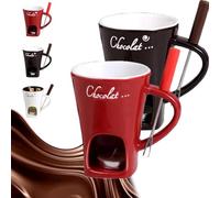 Chocolate Fondue Mug with Forks, Chocolate Melting Cup, Ceramic Butter Warmers Pot Set, Personal Cheese Melting Cup, Fondue Heated with a Tealight, Warmer Mug for Candy Snack Caramel Party (Red+COF)