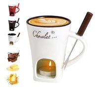Chocolate Fondue Mug with Forks, Chocolate Melting Cup, Ceramic Butter Warmers Pot Set, Personal Cheese Melting Cup, Fondue Heated with a Tealight, Warmer Mug for Candy Snack Caramel Party (Beige)
