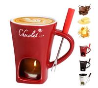 Chocolate Fondue Mug with Forks, Chocolate Melting Cup, Ceramic Personal Cheese Melting Cup, Fondue Heated with a Tealight, Warmer Mug for Candy Snack Caramel Chocolate Party (Red)