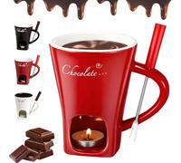 Chocolate Fondue Mug with Forks, Chocolate Melting Cup, Fondue Cup for Cheese/Chocolate/Snacks, Melting Chocolate Mug, Includes Forks and Candles, for Birthday Date/Wedding Party (Red)