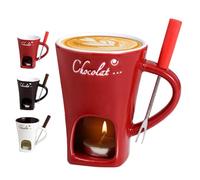 Chocolate Fondue Mug with Forks, Chocolate Melting Cup, Melting Love Cup, Ceramic Butter Warmers Pot Set, Fondue Heated with a Tealight (Red)