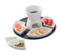 Chocolate Fondue Pot Set - Ceramic Cheese Fondue, 300ml Caramel Heater, 300ml Chocolate Butter Warmer Set, Tealight Heated Melting Hot Pot Bowl with Wood Pallet & 4 Dishes for Date Night