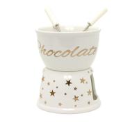 Chocolate Fondue Set | Ceramic Chocolate Tea Light Candle Fondue Set Pot with 2 Forks | White Porcelain Chocolate Fondue Pot