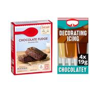 Chocolate Fudge Brownie Mix 415g with Chocolatey Decorating Icing Tubes 4x19g - Easy-to-Bake Brownie & Cake Decorating Set with Caramel, Milk, White & Dark Chocolate Flavours - Baking Kit for Cupcakes