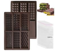 Chocolate Moulds, 2PCS Silicone Chocolate Bar Moulds with 100Pcs Bags, Reusable Non-Stick Thick Candy Bar Molds Wax Melt Molds for Choclate Bars, 6Patterns