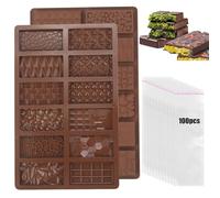 Chocolate Moulds, 2PCS Silicone Chocolate Bar Moulds with 100Pcs Bags, Reusable Non-Stick Thick Candy Bar Molds Wax Melt Molds for Choclate Bars, 12Patterns