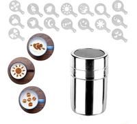 Chocolate Shaker Stainless Steel,Coffee Sprinkles Powder Set,Stainless Steel Mesh Chocolate Shaker Duster,with 16 Coffee Stencils for Syrup,Cream,Cocoa,Cappuccino,for Kitchen,Drinks,Baking (Small)