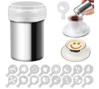 Chocolate Shaker Stainless Steel Duster Dredges Cans Coffee Sprinkles Powder Set Cocoa Cinnamon Powder Can with 16 Coffee Molds Stencils for Kitchen Baking Cooking Cappuccino Coffee Latte Coffee (A)