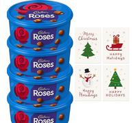 Chocolate Tubs 4 Pack with 4 Christmas Cards - Choose from Celebrations, Heroes, Roses or Quality Street - Festive Gift Bundle for Family & Friends - Boxed Treatz (4 Pack, Roses)