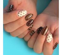 Chocolate & Vanilla Press On Nails With Sweet Stripe & Polka Dot Design - Oval Shaped Glossy False Nails Set For Various Fingers In Brown & Cream Tones For Everyday Wear Or Special Occasions