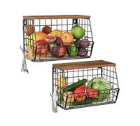 CHOEZON 2 Pack Fruit Basket for Kitchen, Stackable Wire Baskets with Wooden Lid, Hanging Basket with Banana Hanger, Kitchen Countertop Rack, for Fruit, Vegetable, Rustic Brown and Black DTCW02P2BF
