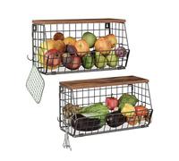 CHOEZON 2 Pack Fruit Basket for Kitchen, Stackable Wire Baskets with Wooden Lid, Hanging Basket with Banana Hanger, Kitchen Countertop Rack, for Fruit, Vegetable, Rustic Brown and Black DTCW04P2BF