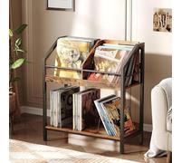 CHOEZON 2-Tier Vinyl Record Storage Holder Rack, 250 LP Albums Display Shelf, Wooden Vinyl Storage Rack with Wire Dividers for Records, CDs, Books, Rustic Brown and Black DTCW07BF