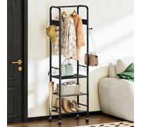 CHOEZON Coat Rack, Narrow Clothing Rail on Wheels, 3-Tier Rolling Garment Rack, Clothes Rack, Trolley Rolling Cart with Hooks and Hanging Rod, for Entryway, Bedroom, Living Room, Black DTYM17BB