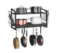 CHOEZON Hanging Pot Rack, Pot Rack Wall Mounted, 2-Tier Kitchen Pot and Lid Organizer, Wall-Mounted Cookware Holder with 12 Hooks, for Kitchen Storage of Pots, Pans, Utensils, Charcoal Black TPR02BC