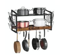 CHOEZON Hanging Pot Rack, Pot Rack Wall Mounted, 2-Tier Kitchen Pot and Lid Organizer, Wall-Mounted pots and pans organizer with 12 Hooks, for Kitchen Storage of Pots, Pans, Rustic Brown DTPR02BF