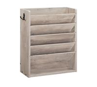 CHOEZON Wall File Organiser, 6-Tier Vertical Mount Hanging Holder with 2 Side Hooks, Modern Wooden Magazine Storage Holder with Bottom Tray, Desk Organizer, for Office, Home, Greige DMWJ01FH