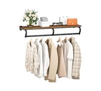 CHOEZON Wall Mounted Clothes Rack, Metal Garment Rack with Top Shelf, 110 cm Laundry Storage Shelf with Hanging Rod, for Laundry Room, Bedroom, Entryway, Closets, Rustic Brown and Black DTYM02BF